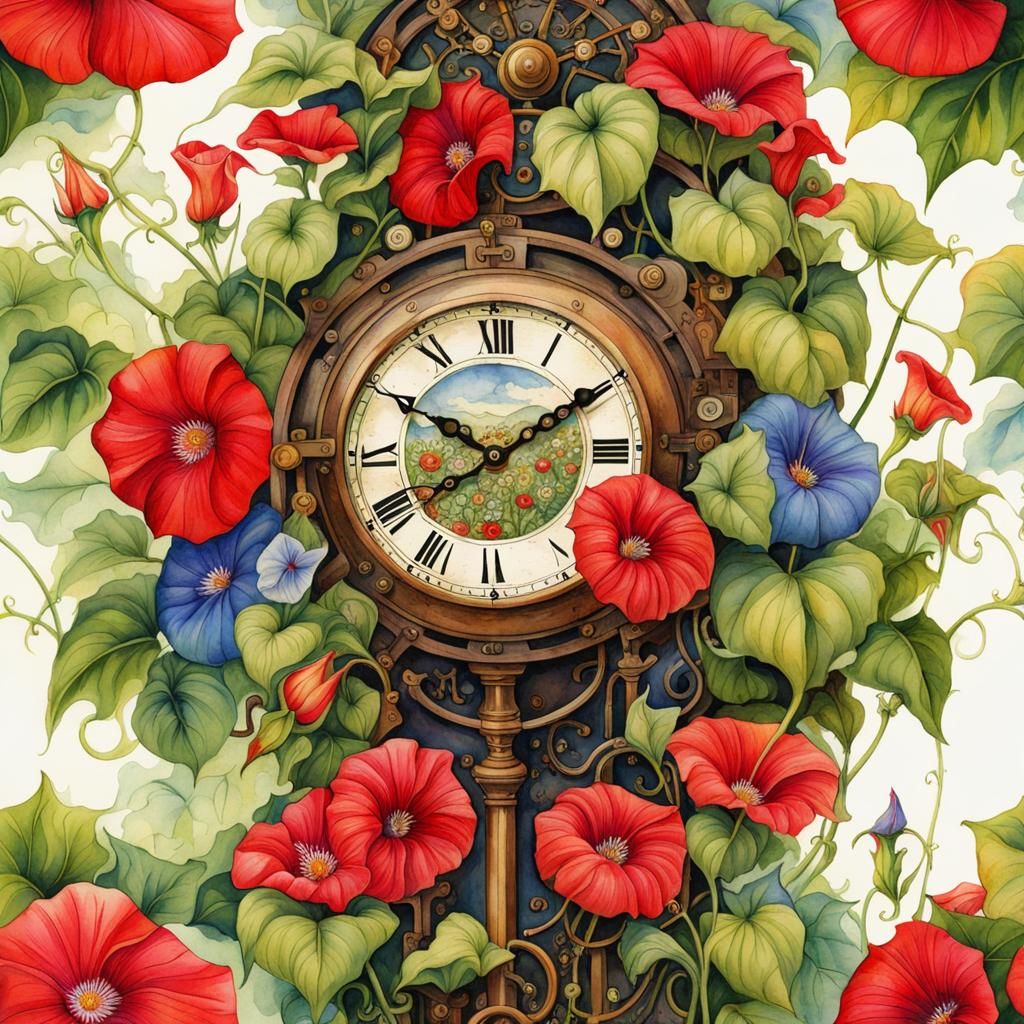 The Clock Hands Say It's 10:10, And the Morning Glories Say It's Morning  by @Hesione