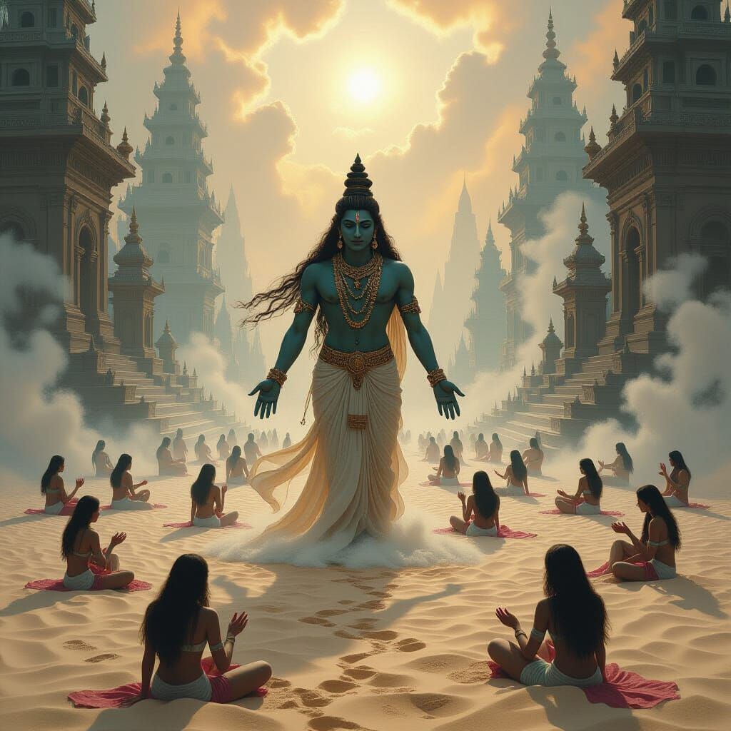 Ethereal Being in Cosmic Landscape: Mixed Media Painting