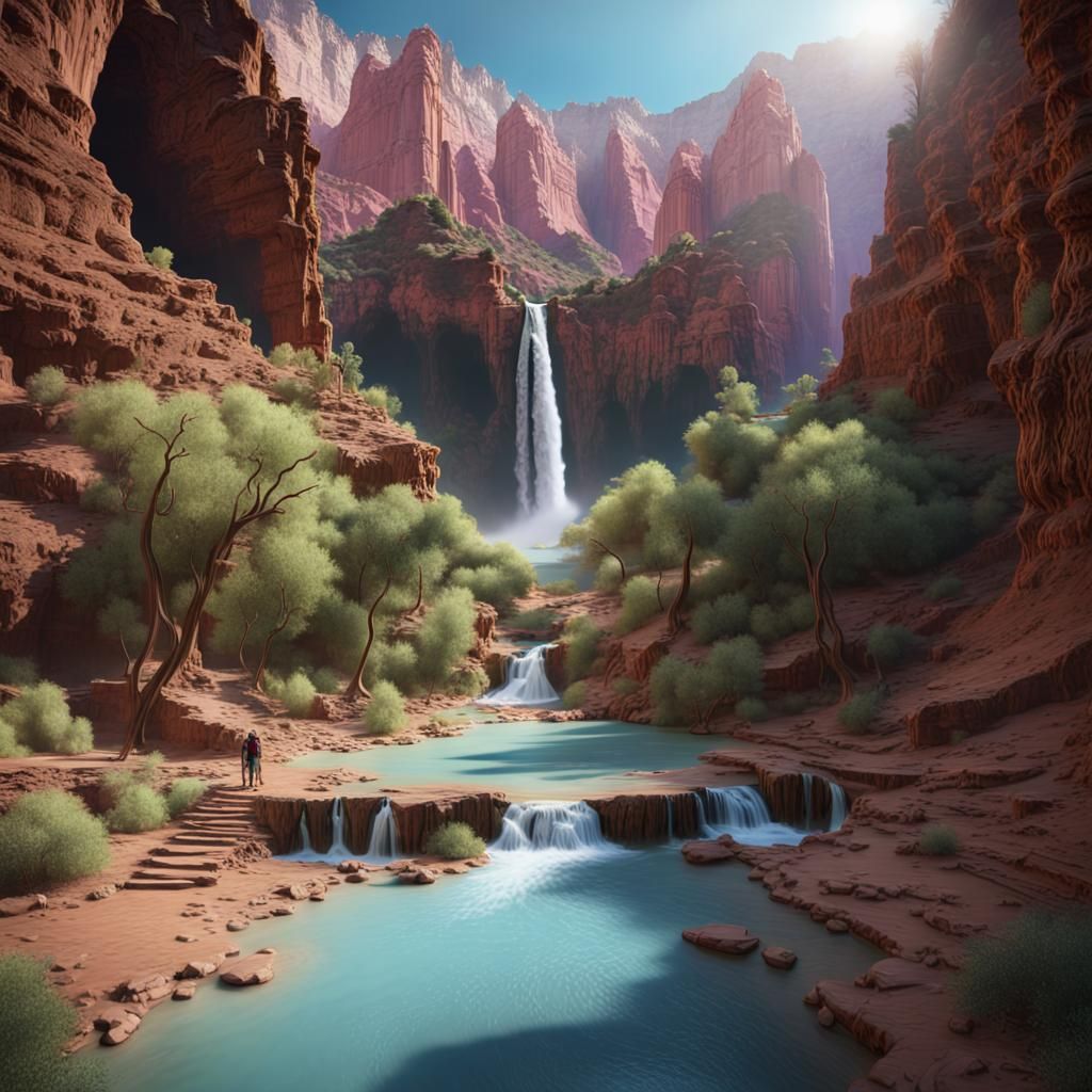 Hiking down into (Havasupai Falls 1.3) i (Grand Canyon 1.3) detailed matte painting, deep color, fantastical, ...  by @zCatLady