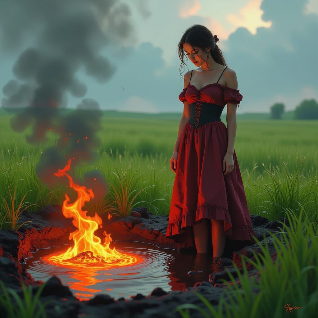 the dirt began to boil into magma at her feet, only a small amount of magma in an otherwise green meadow, the magma bubbles and churns, a yo...