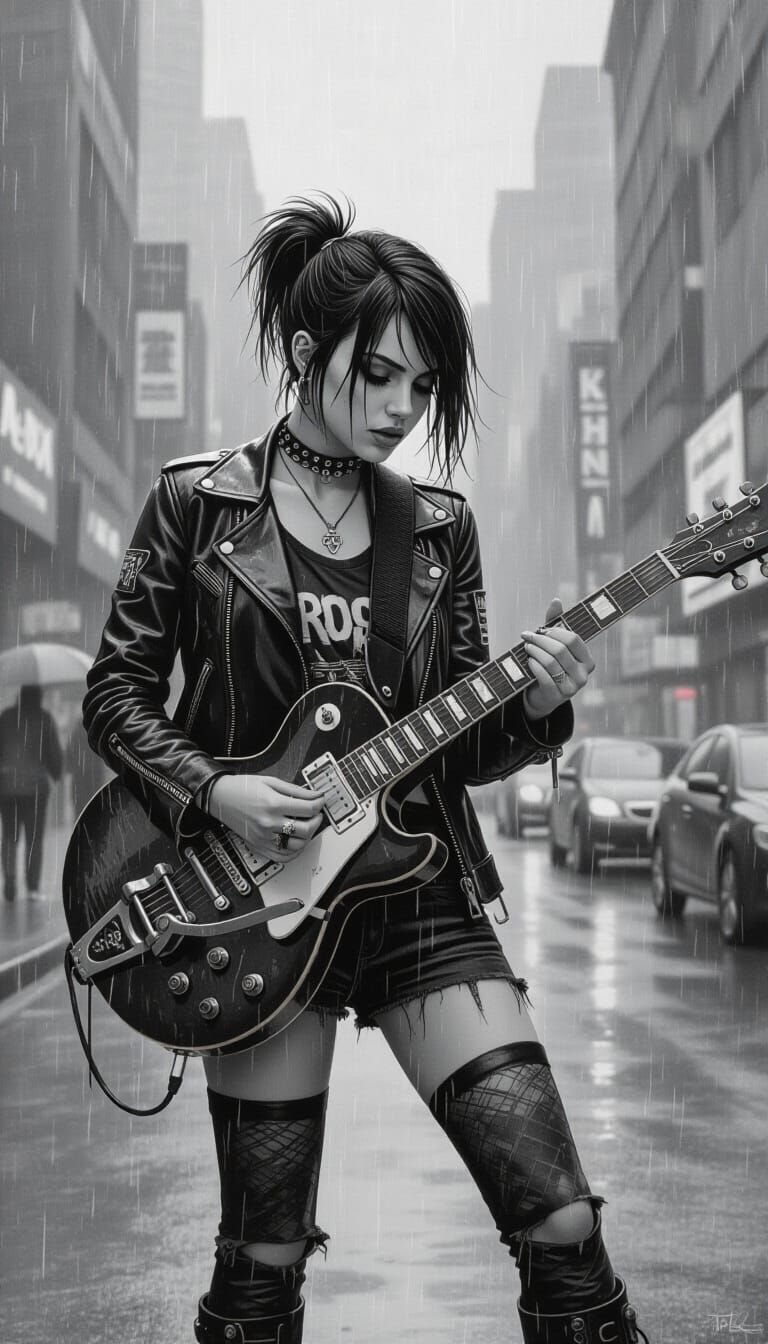 Punk Rock Woman Plays Guitar in Rainy Metropolis
