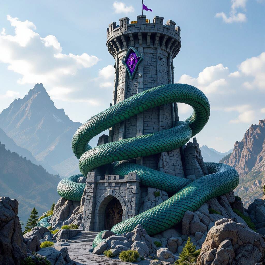 The front exterior of Snake Mountain with a giant Snake draped around the corner of the Evil Stronghold of Skeletor and the mountain at nigh...