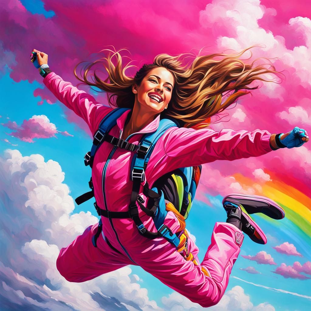 A beautiful woman with long brown windswept  hair, dressed in pink skydiving outfit,  skydiving with ...  by @froggyrockz 