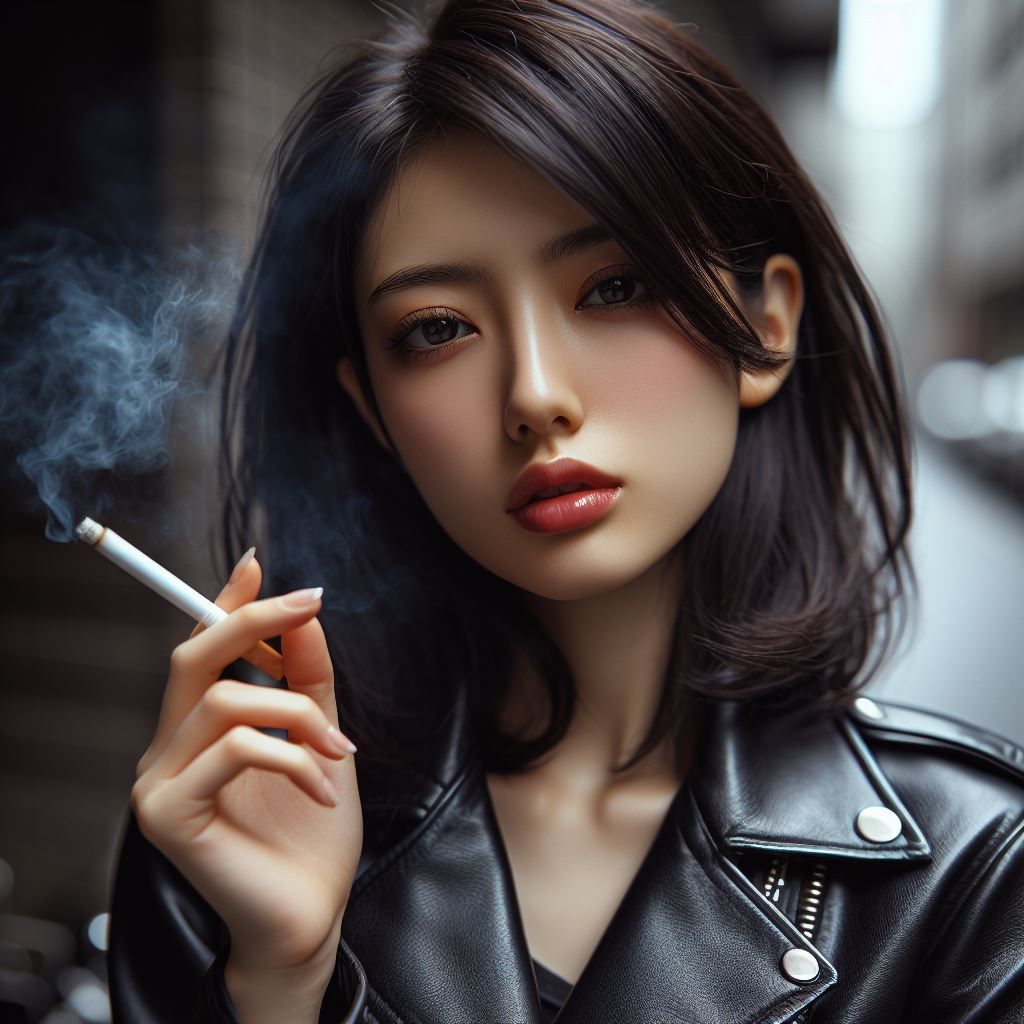 Japanese woman smoking in leather