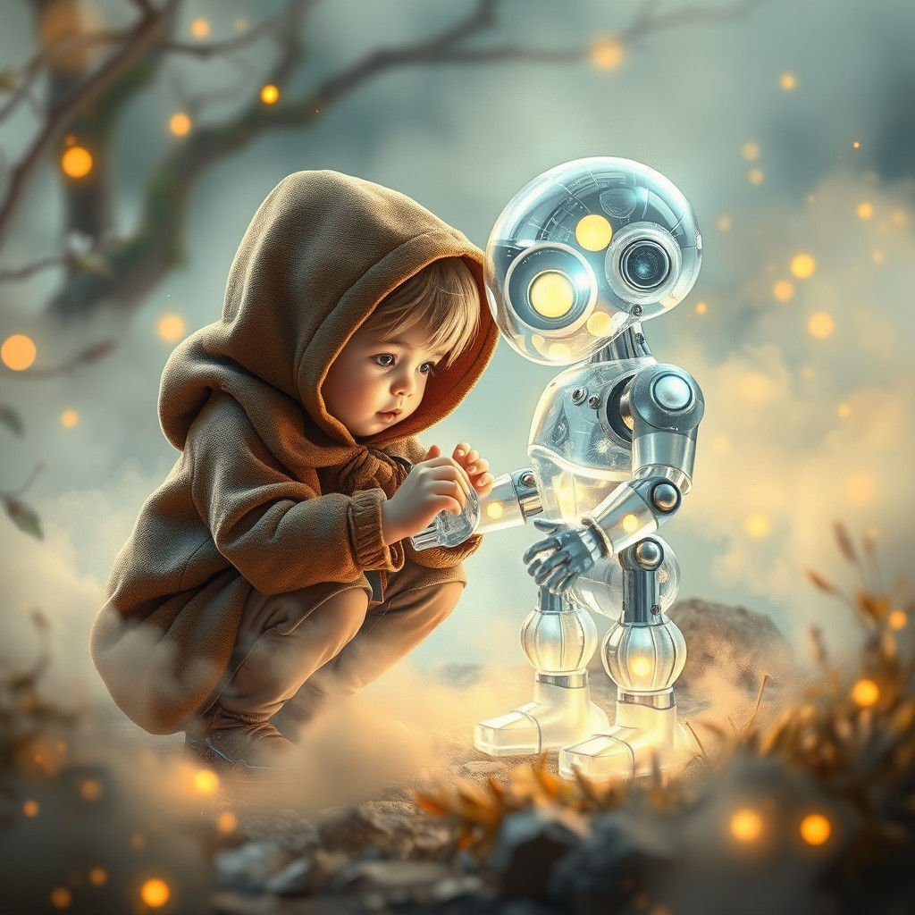 a child plays with a futuristic robot figure that glows from the inside with multi-colored lights  by @Barabashka