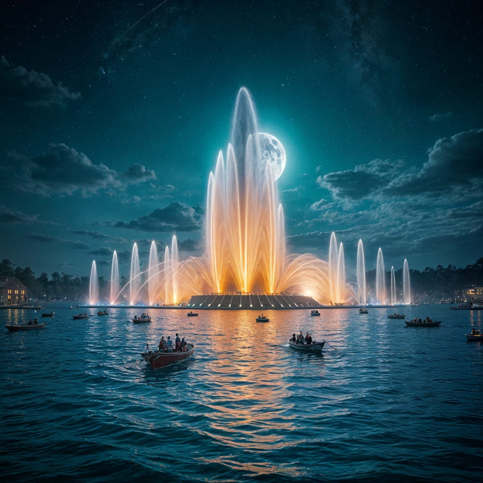 a night lake with a huge fountain in the middle, water from which multi-colored jets wash up and fall ...  by @Schoor