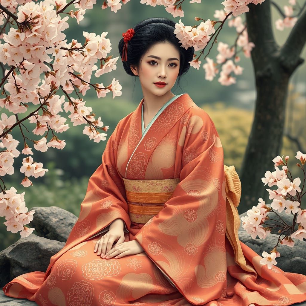 Japanese Woman in Garden, Art Nouveau Style