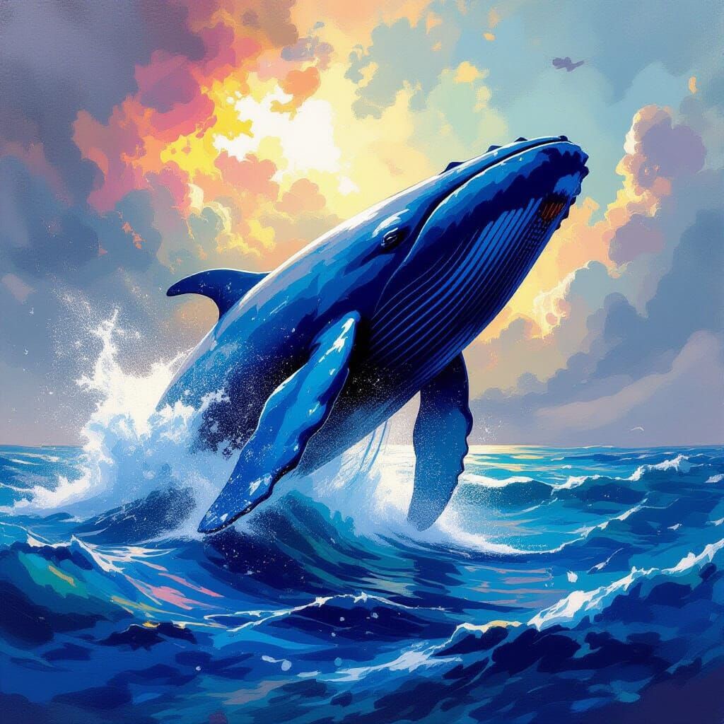 A colossal blue whale breaching from a sea of vibrant, swirling rare earth elements, rendered in a dramatic splash art style with bold, ener...