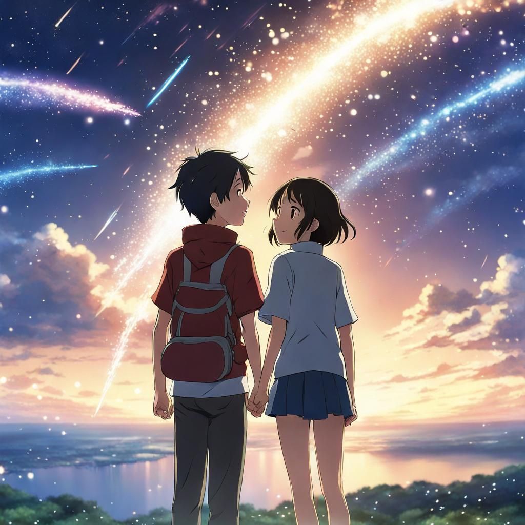 Mitsuha and Taki from Kimi no Nawa with shooting stars in th...