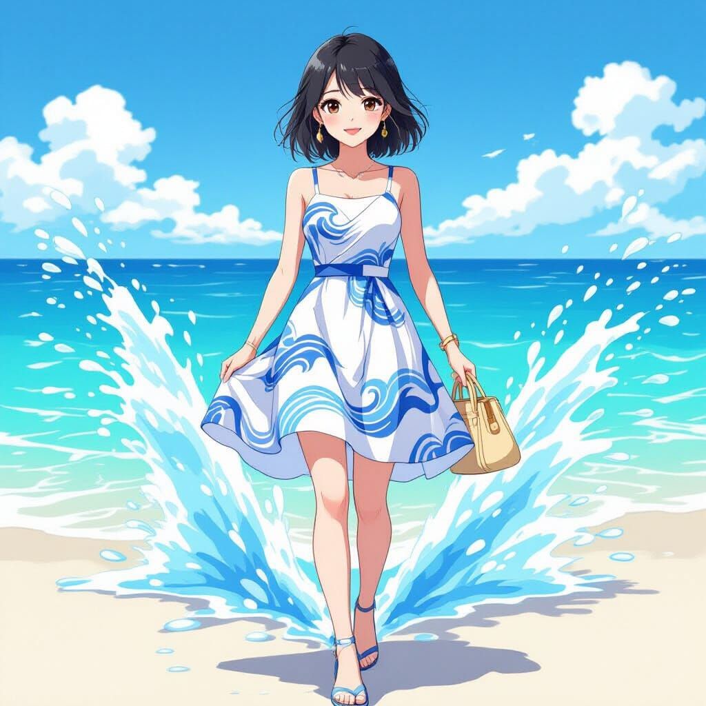 Thai Woman in Water Wave Dress on Beach