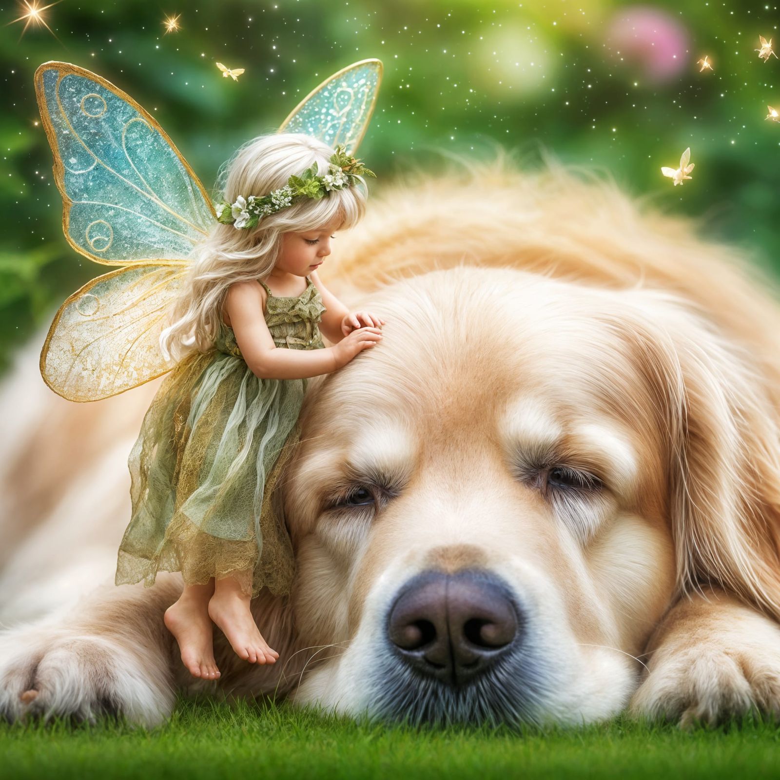 A tiny fairy touching a golden retriever