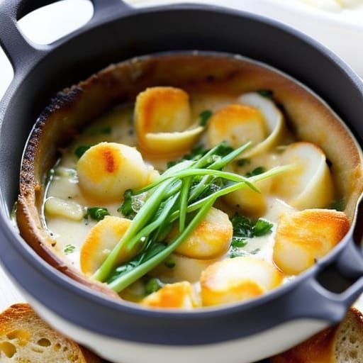 Scallops on cheese soup in a bread boat