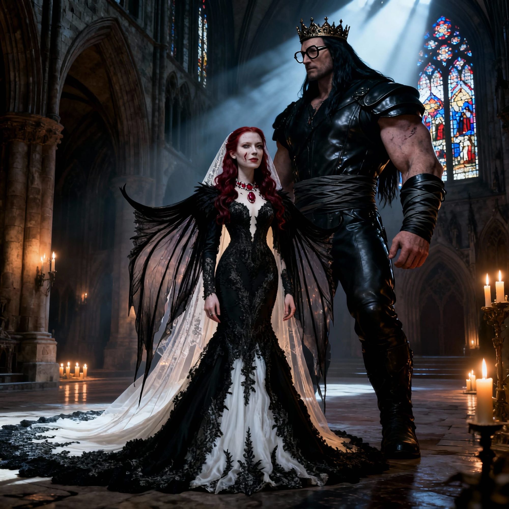 A tall woman with dark blood red hair, loose waves cascading over her shoulders and icy blue eyes, pale Scottish skin, subtle scars. Standin...