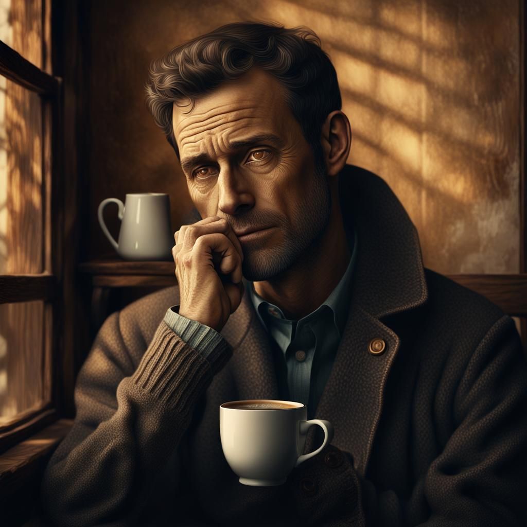 Introspective Man with Coffee: Hyperrealistic Digital Art