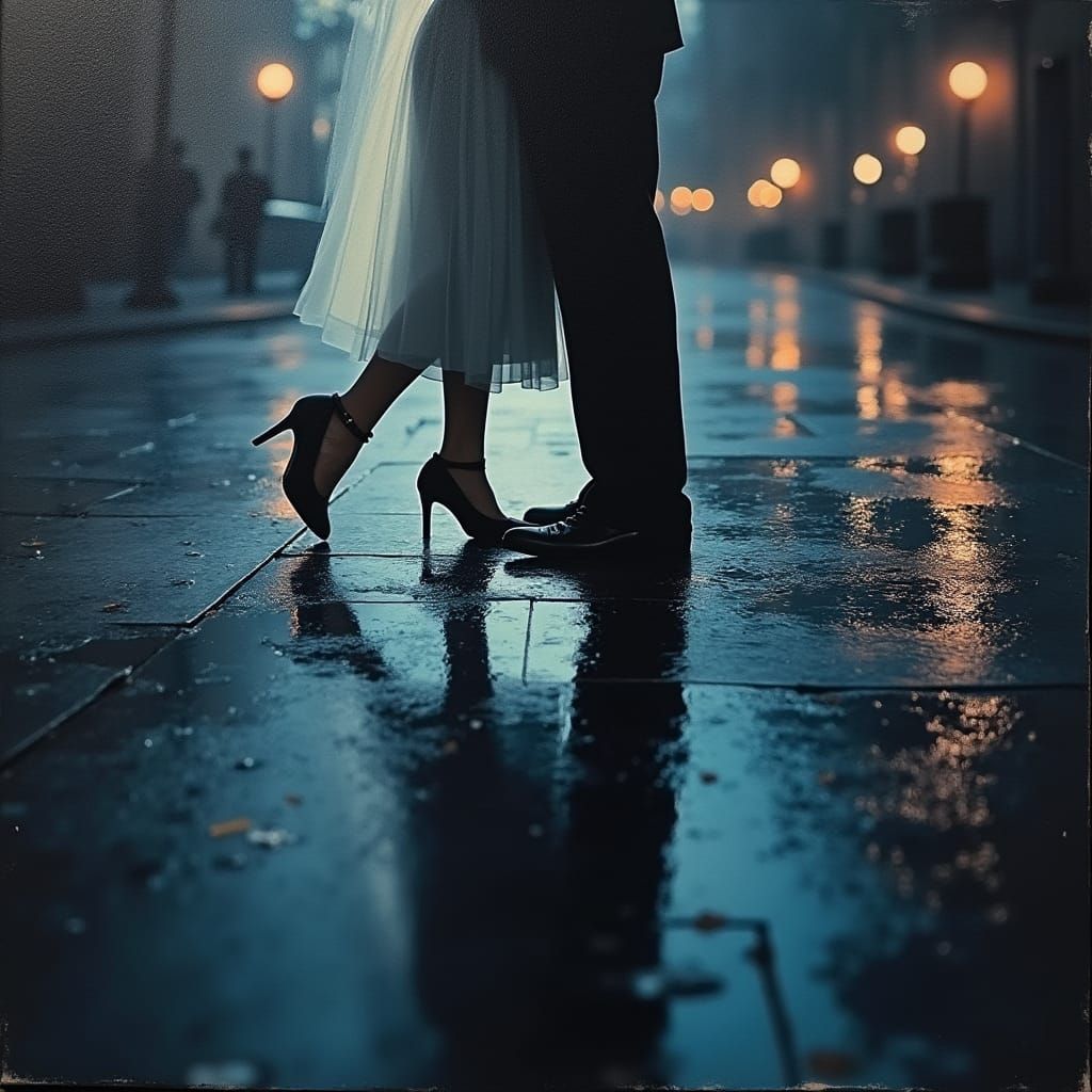 Two people kissing, their reflections shimmering on the wet ...