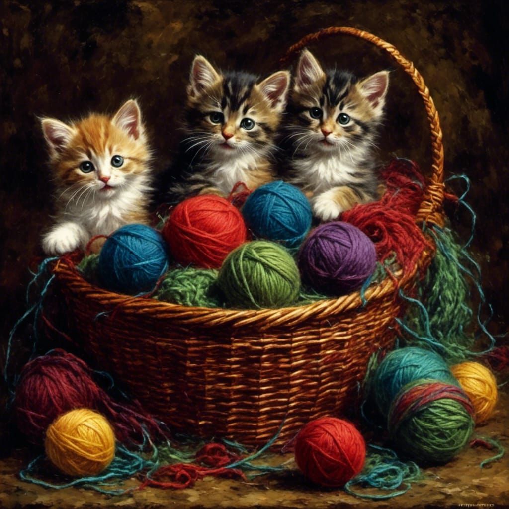 Basket of cute kittens playing with balls of yarn <lora:EffenMetalXL:1.0> 