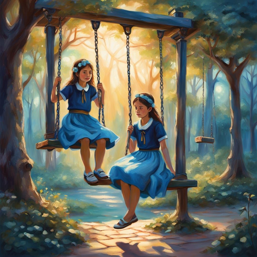 Haredi Girls in Blue Skirts Swing on Velvet Swing Set in Whi...