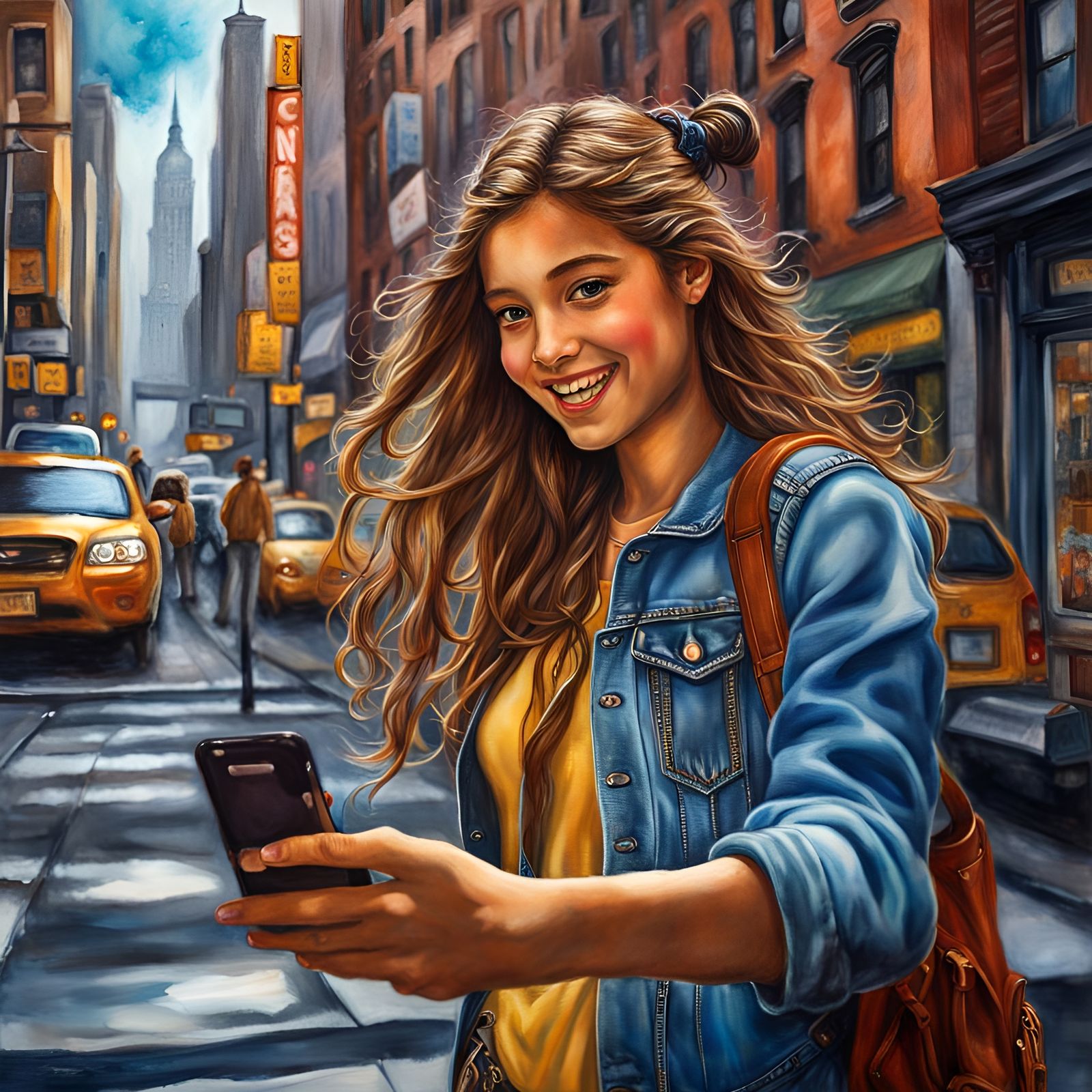 A girl taking a selfie of herself in downtown New York City ...