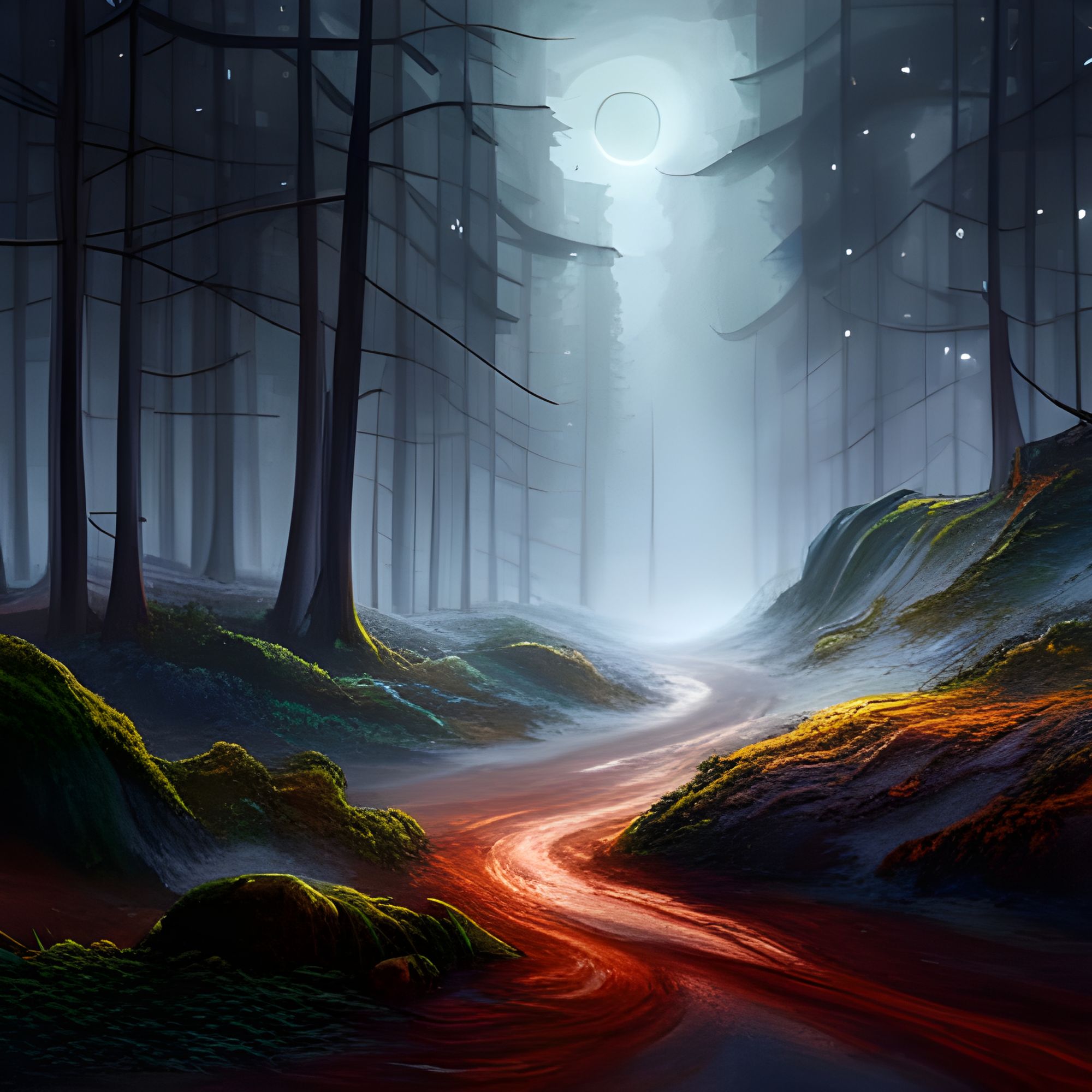 A beautiful hyperdetailed painting of a Foggy Forest at night