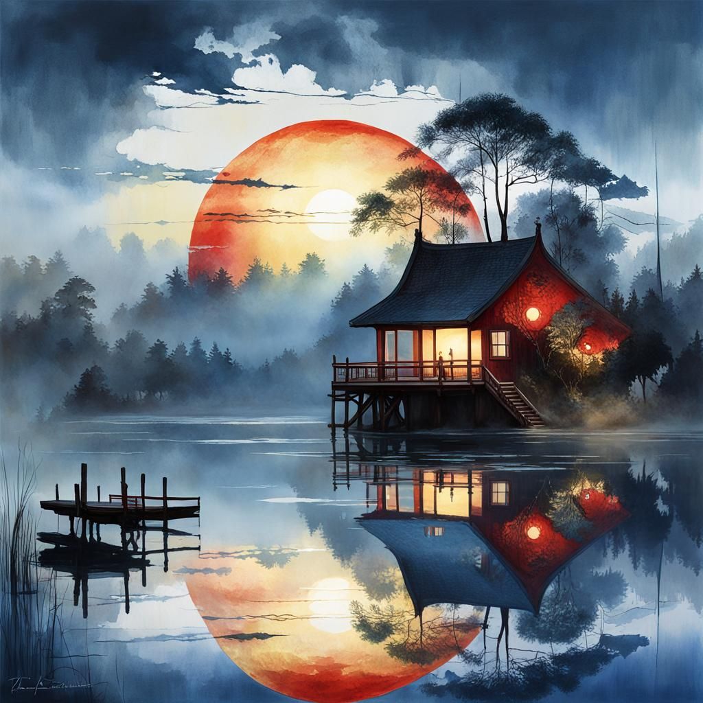 double exposure, red sun shining,  summer on a lake