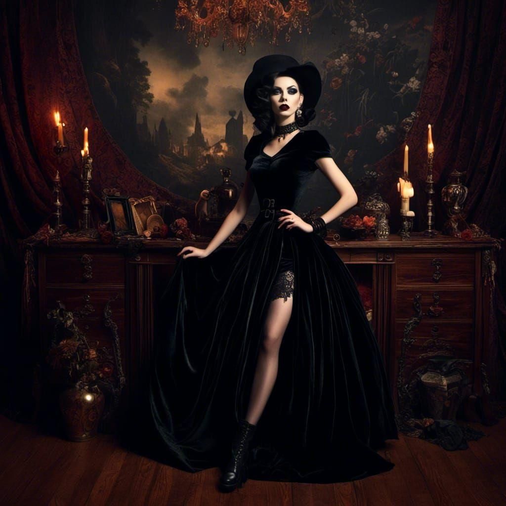  <lora:Midnight Retro:1.0>gothpunk woman in black velvet, goth 50’s backdrop, dramatic lighting 