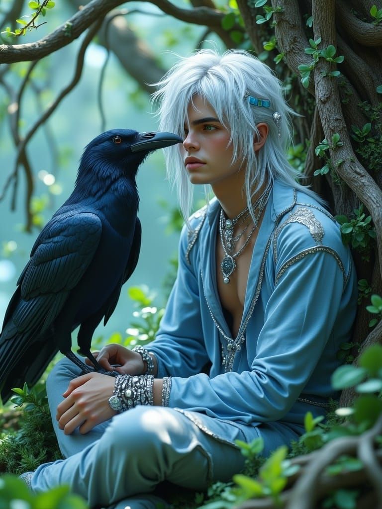 <lora:Future-Punk:1.0> A youthful, silver-haired punk hero, with striking gray eyes and angular bangs hanging over his gaze, sits on lush, g...