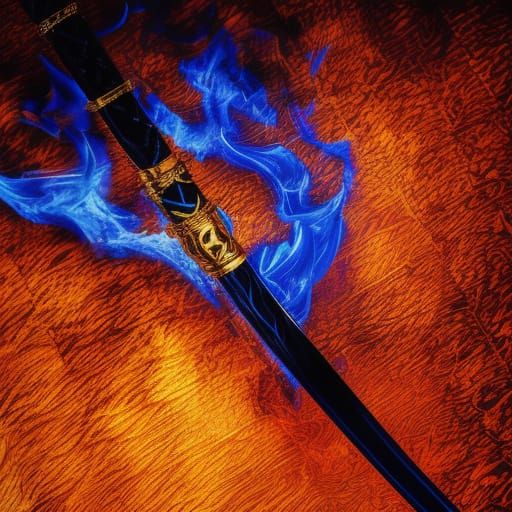 golden katana engulfed in blue fire