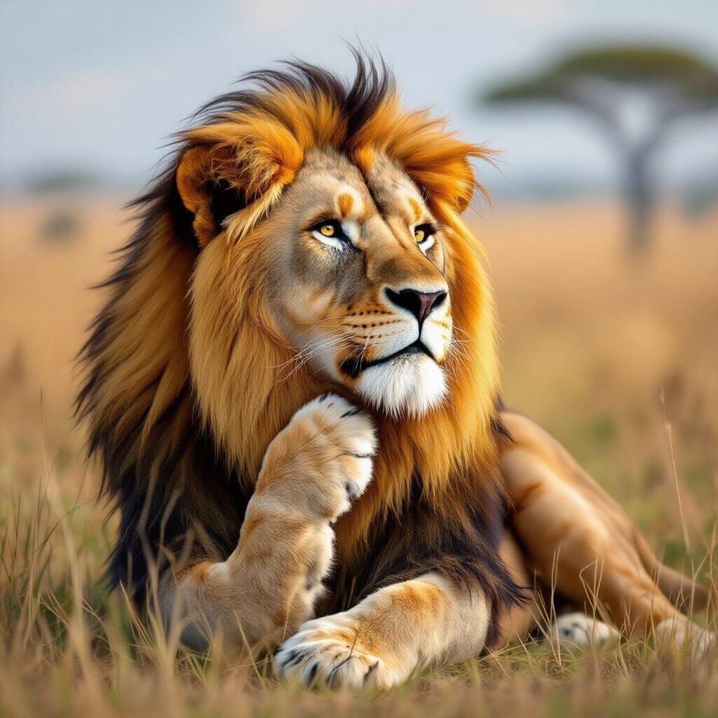 "A majestic lion, looking surprisingly self-conscious, attempts to pose for a profile picture. It's trying to strike a 'cool' or 'thoughtful...
