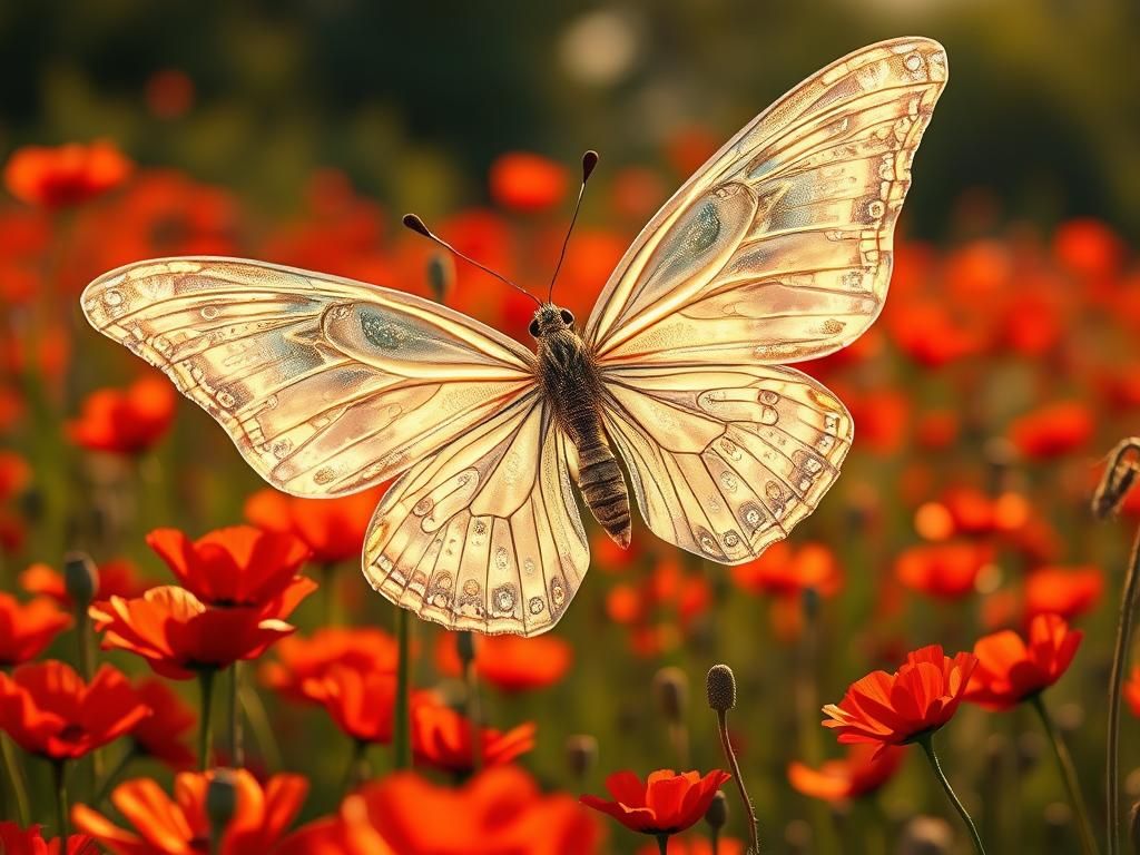 Crystalline Butterfly in Poppy Field: Ethereal Dreamscape