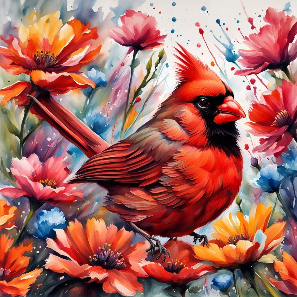 Realistic cardinal among the flowers.  by @Michelle Lord