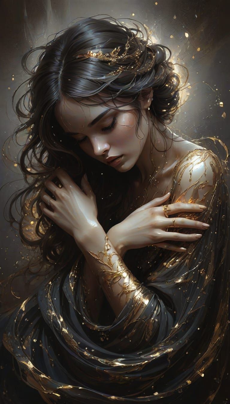 Elegant Woman Portrait with Golden Accents in Fantasy Art