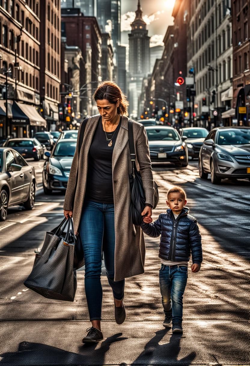 A mother and her young son are downtown on a street with cars.  intricate details, HDR, beautifully shot, hyperrealistic, sharp focus, 64 me...