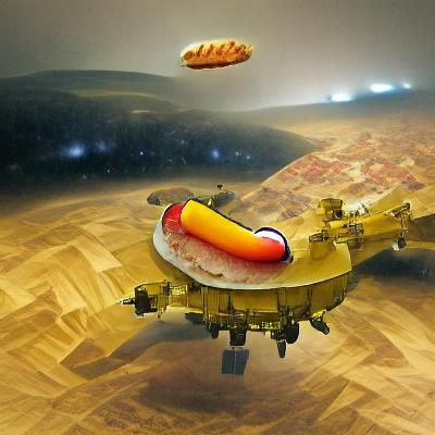 A hot-dog shaped spaceship floating over a schnitzel planet