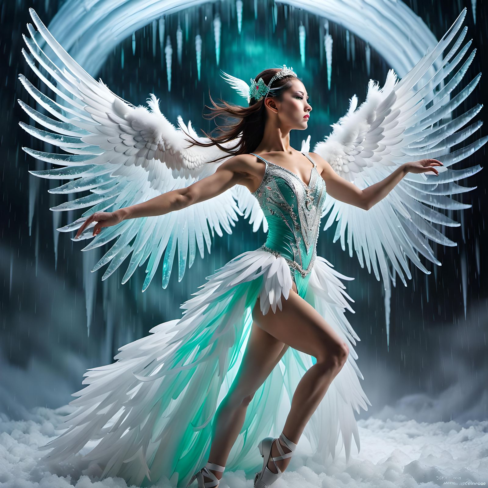 Ice ballerina dancing amongst the clouds with icy feathers