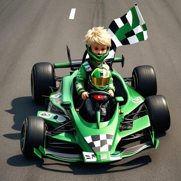 one year old blonde boy driving a green formula 1 car with t...