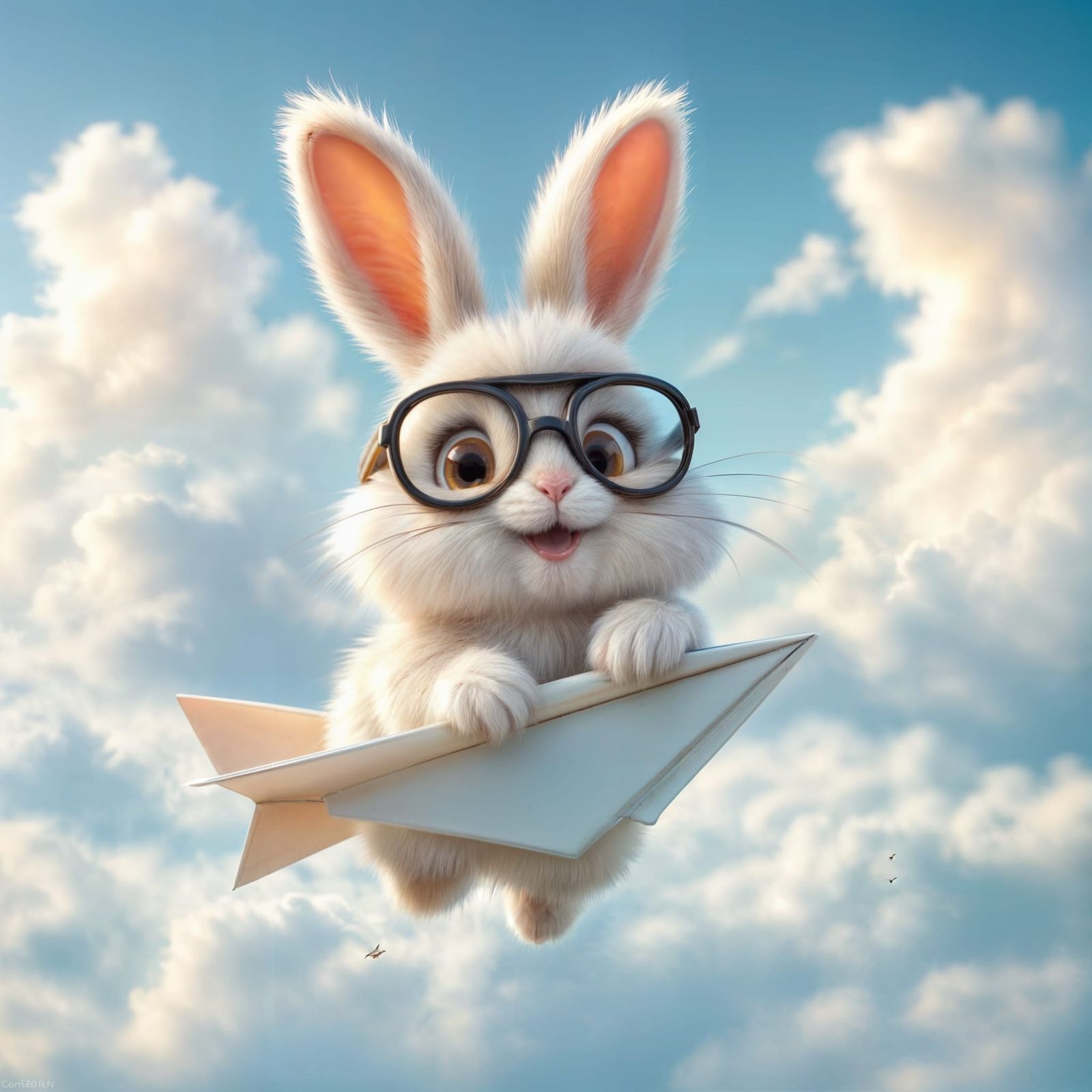 fluffy bunny wearing aviator glasses flying on a paper plane
