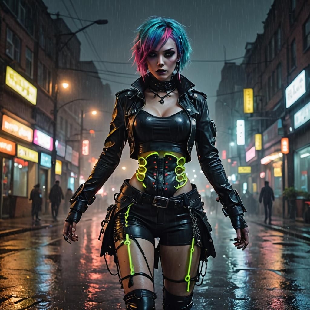 Full body posing portrait of Beautiful Neon haired Cyber Vam...