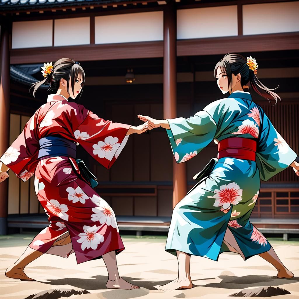 Girls in wide-open kimonos are fighting