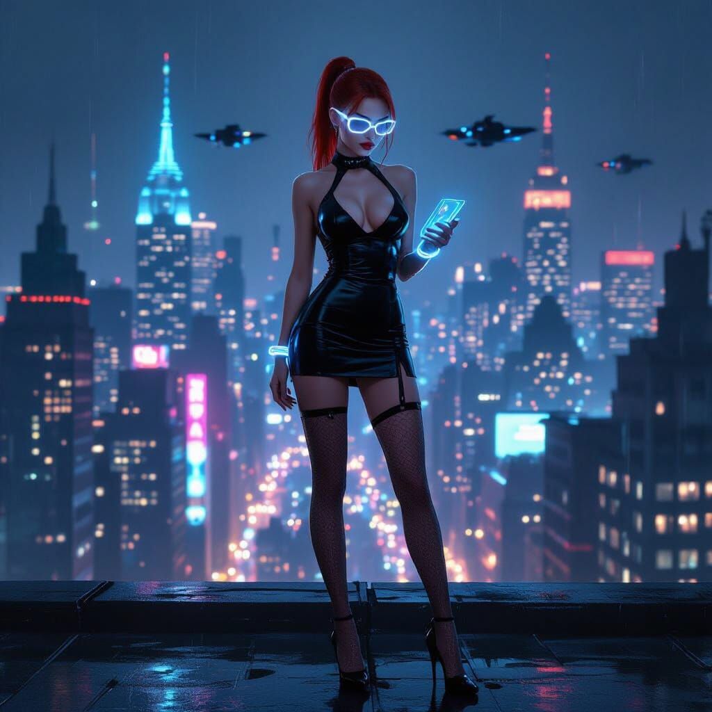 make the image from this prompt : Photorealistic cyberpunk noir artwork of a slim, well-toned vampire woman with a natural hourglass figure ...
