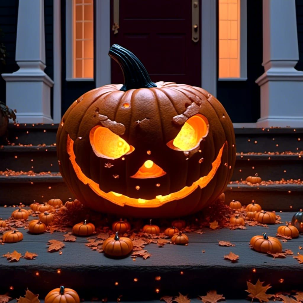  <lora:Spheres:1.0> A carved jack-o'-lantern glowing on a porch, with fallen leaves scattered around it