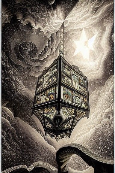 stunning creative hexagonal fractal dimensional clock tower and bright stars by M. C. Escher