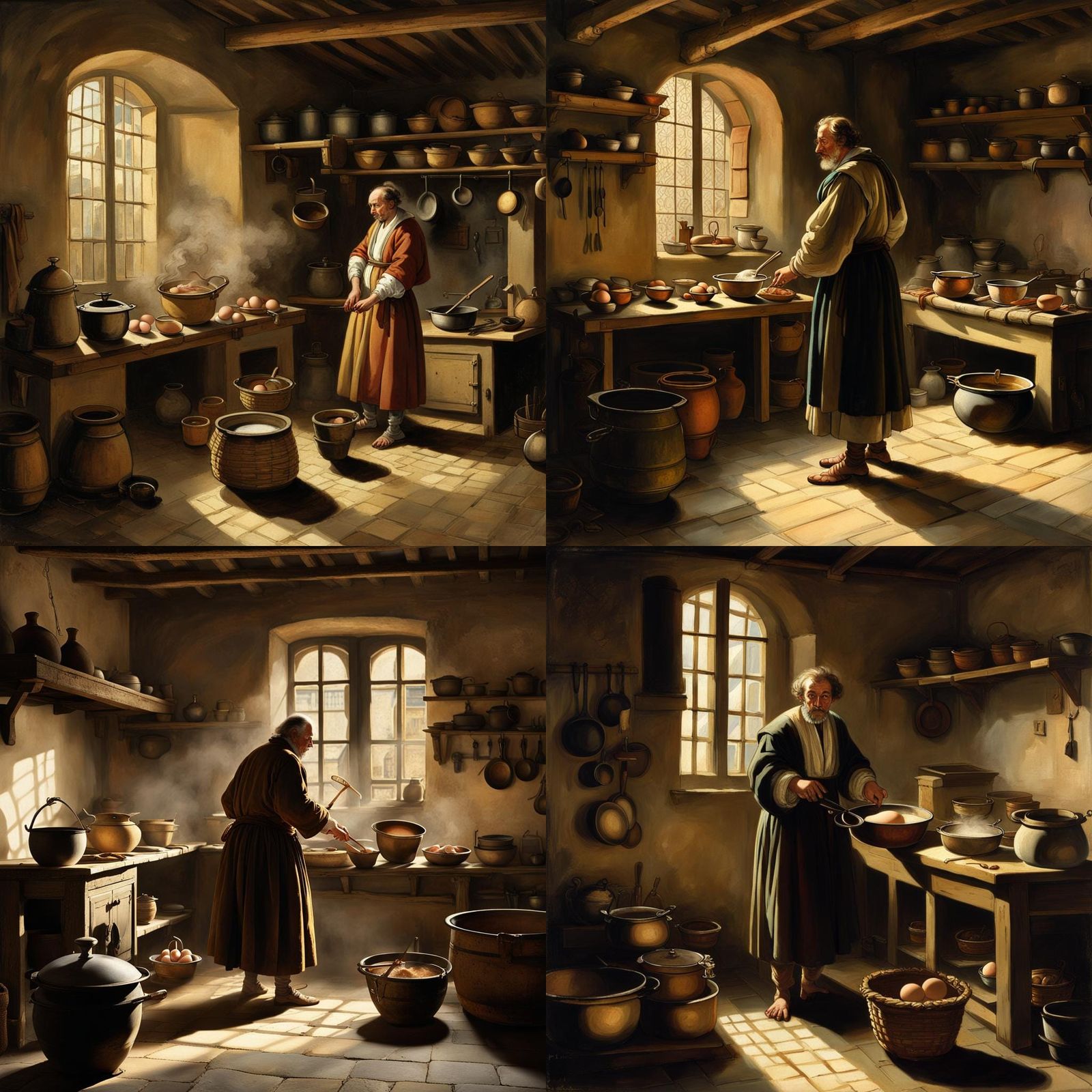 dramatic lighting, 1600s Paris, bright, morning, sparse 1600s kitchen ...