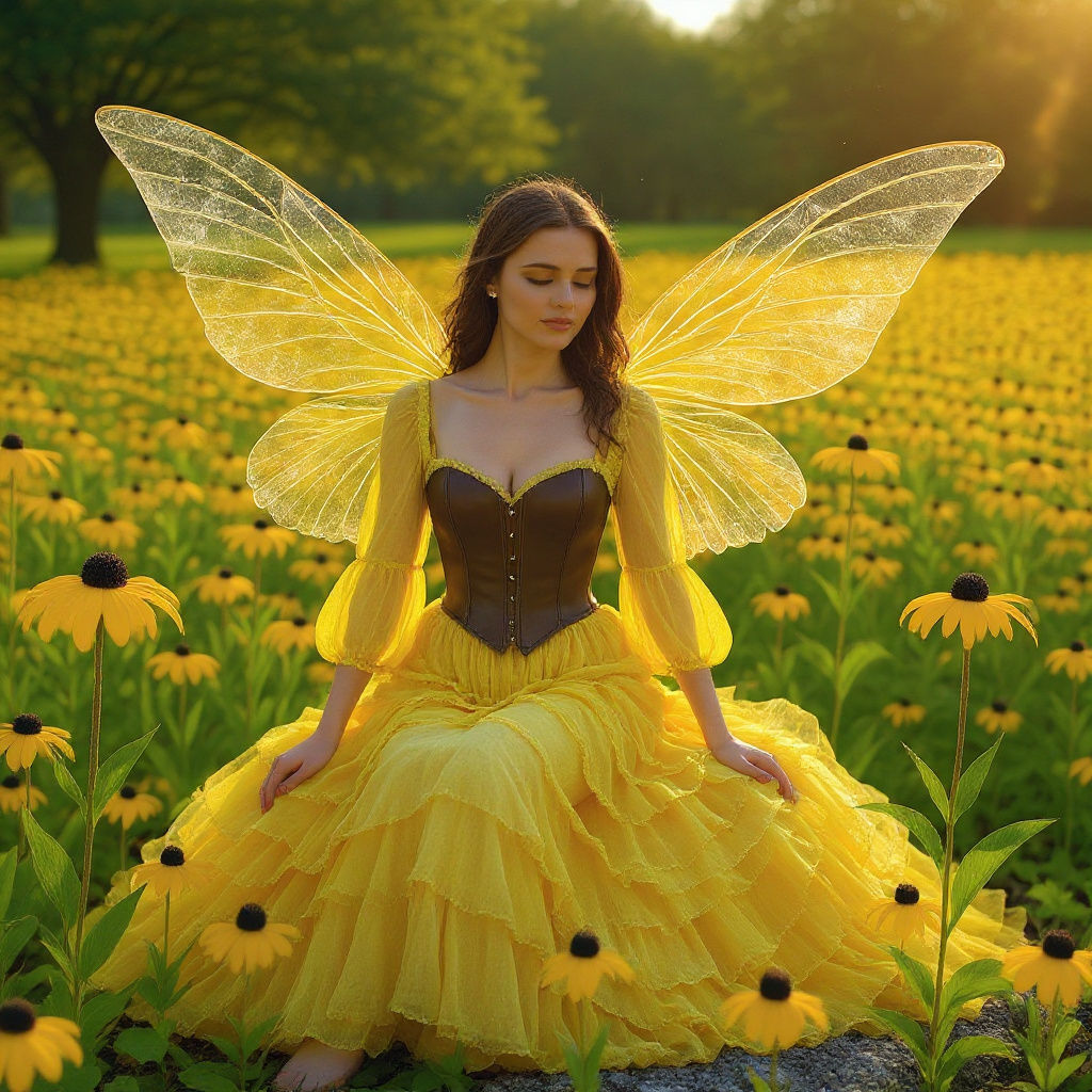 Many Brown Eyed Susans and their fairy godmother