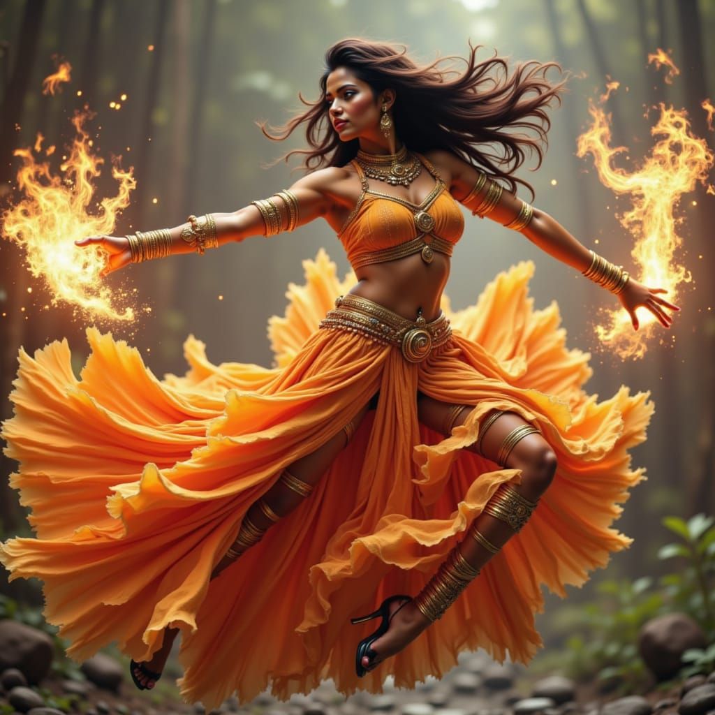 Twisting mid-air, a woman with deep cinnamon skin and gold undertones, clad in a flowing sari bustle skirt, her gear-linked jewelry and stea...