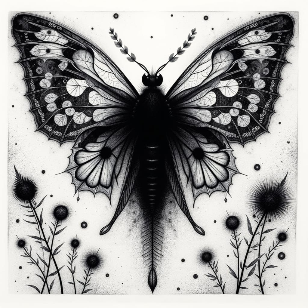 <lora:Black And White 3:1.0>  black and white,   butterfly mystical and poetic dreamlike Paul Klee, surreal and celestial, etching & delicat...