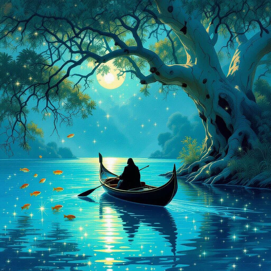 An ancient, gnarled eucalyptus tree stands majestically on the shore of a shimmering, bioluminescent lake. Sparkling trout leap from the wat...