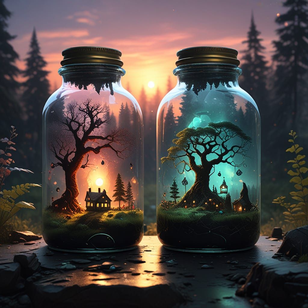 Insanely detailed photograph of a Two different Magic World Inside Bottles, with sunsets and galaxy forest ...  by @Sereyo Sparkle