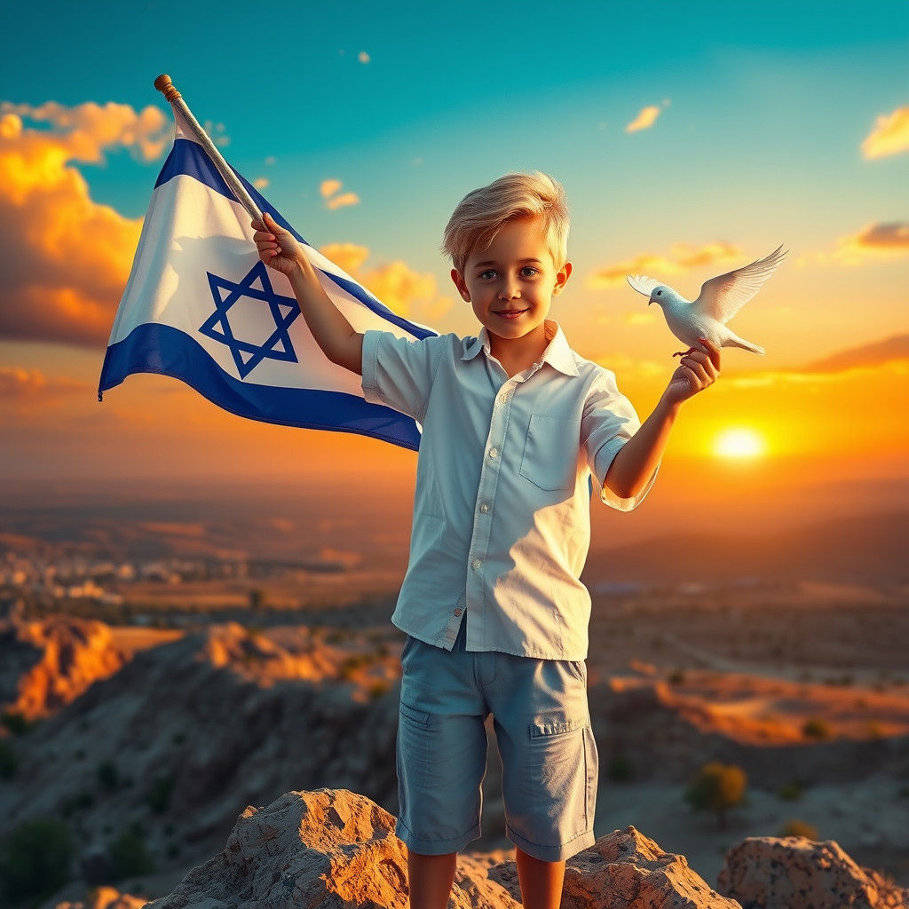 Boy with Flag and Dove in Dreamy Israeli Landscape