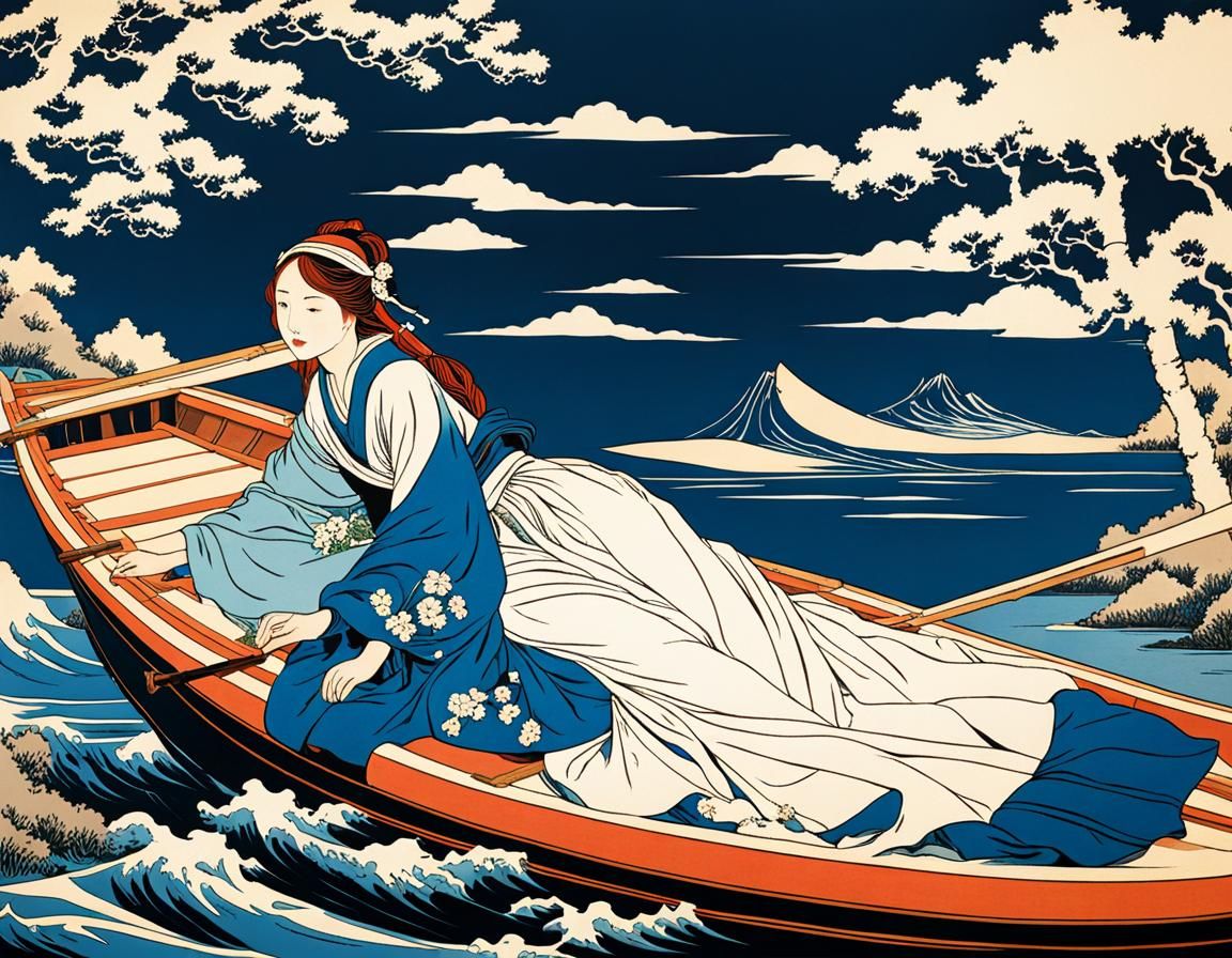 The Lady of Shalott in the style of Katsushika Hokusai