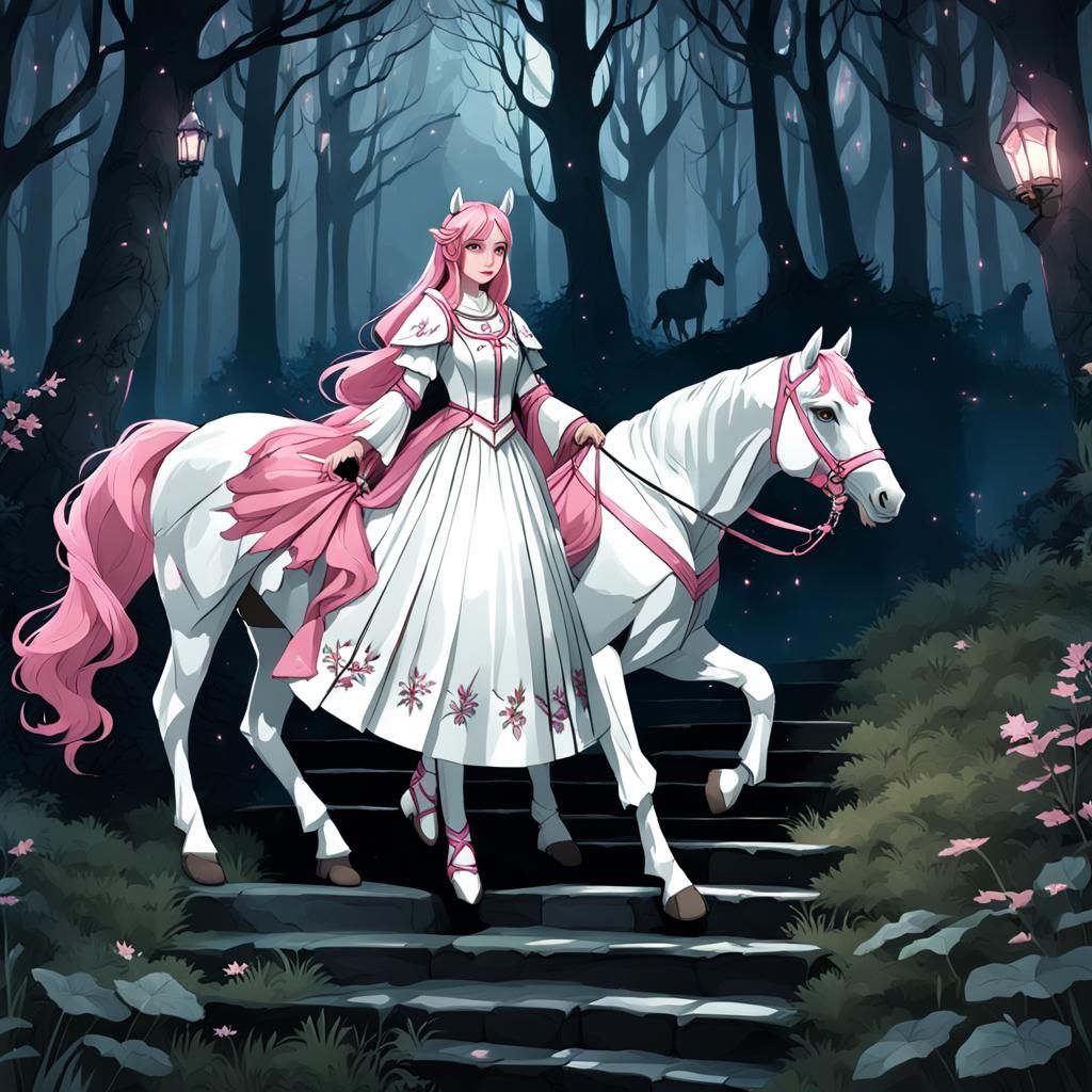 Woman and horse pink moonlight